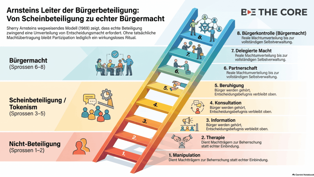 Infografik, die die 8 Stufen von Arnsteins Modell der Bürgerbeteiligung beschreibt.