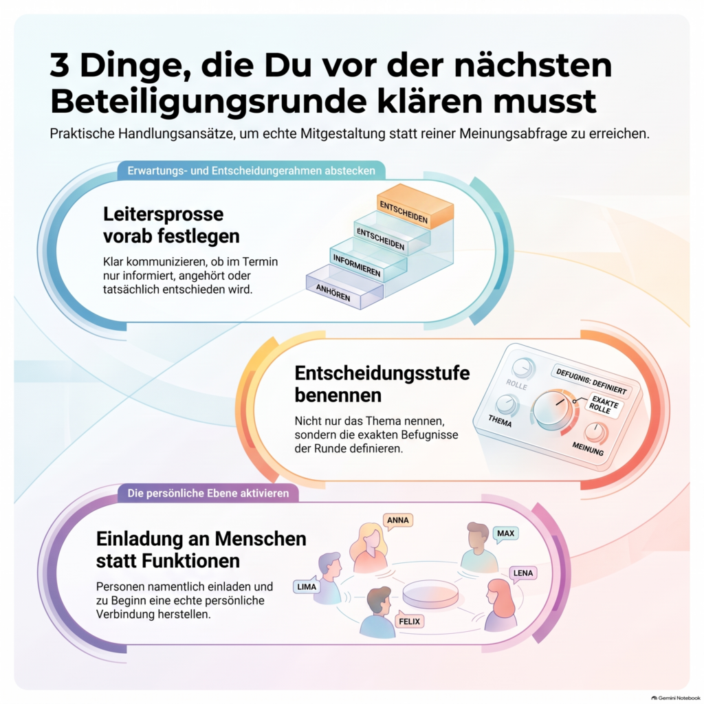 Infografik, die die 3 Dinge beschreibt, die eine Beteiligungsrunde wirkungsvoller machen